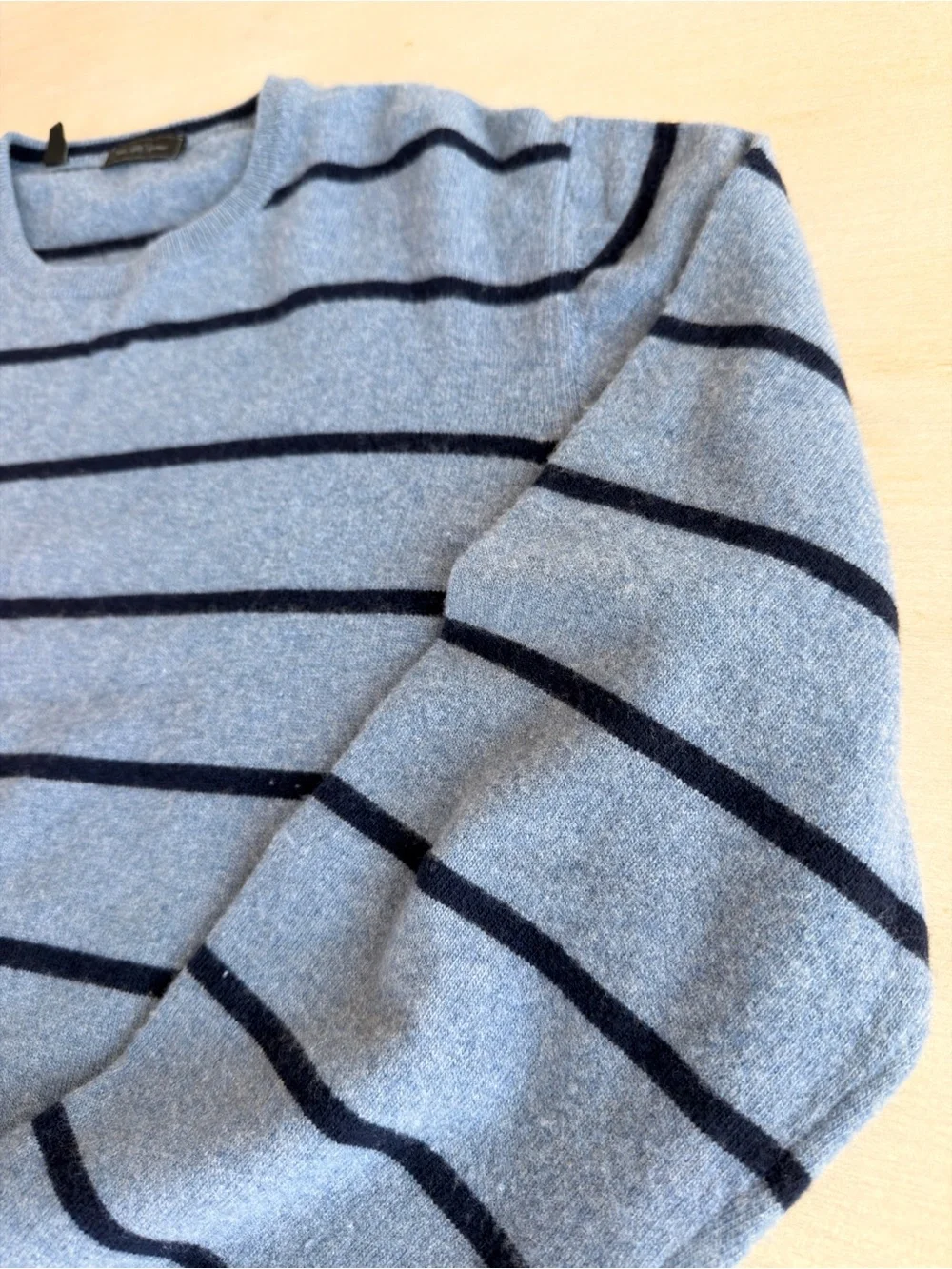 Saks Fifth Avenue Men's Light Blue Crewneck Sweater with Navy Stripes